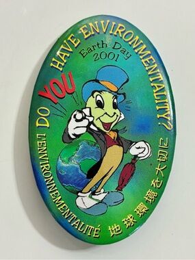 Earth Day 2001 Jiminy Cricket International Environmental Button - Green Blue